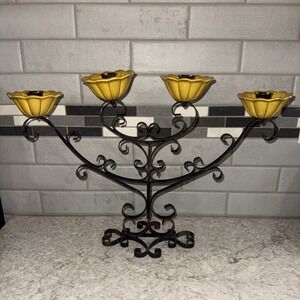 VTG Treasure Craft 4 Candelabra Black Metal Scroll Yellow Ceramic Floral READ